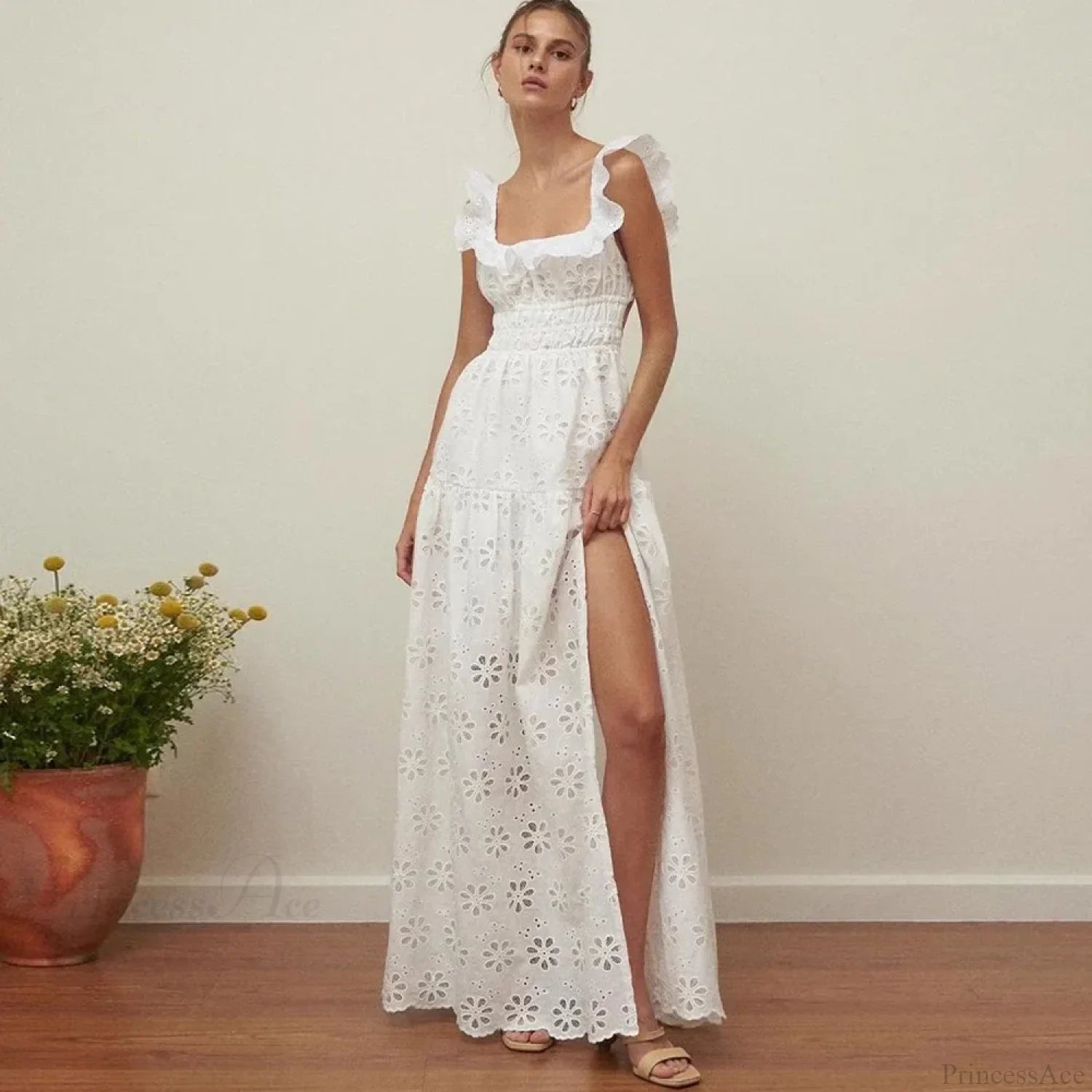 White Cotton Floral Lace Maxi Dress WHITE / S bohodress-250126