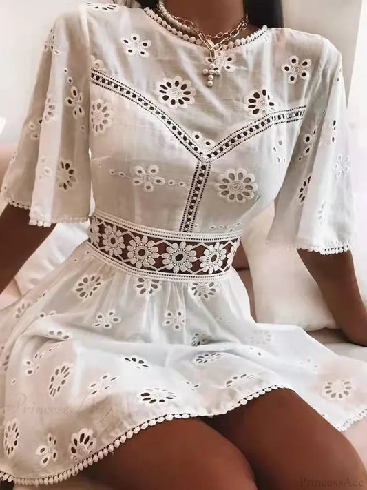 White Cotton Half Sleeve Sexy Backless Hollow Out Mini Boho Dress bohodress-250126