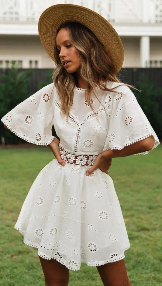 White Cotton Half Sleeve Sexy Backless Hollow Out Mini Boho Dress White / S bohodress-250126