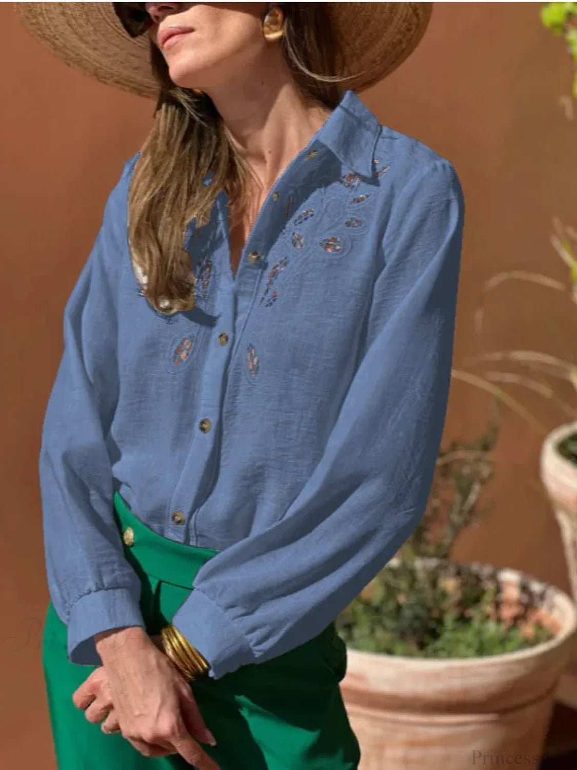 White Cotton Linen Lace Floral Embroidery Boho Blouse Blue / M bohoblouse-250126