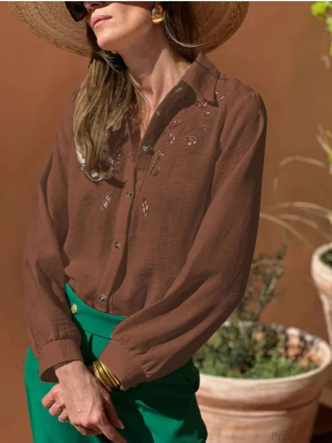 White Cotton Linen Lace Floral Embroidery Boho Blouse Coffee / M bohoblouse-250126