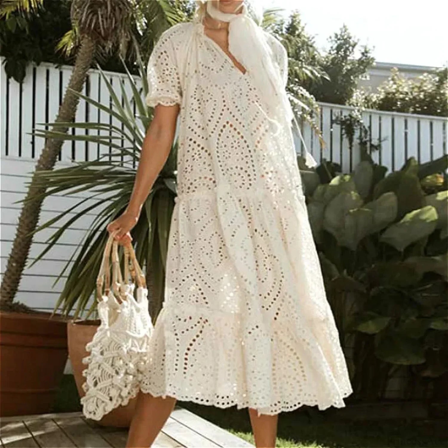 White Cotton Long Lace Dress WHITE / One Size bohodress-250126
