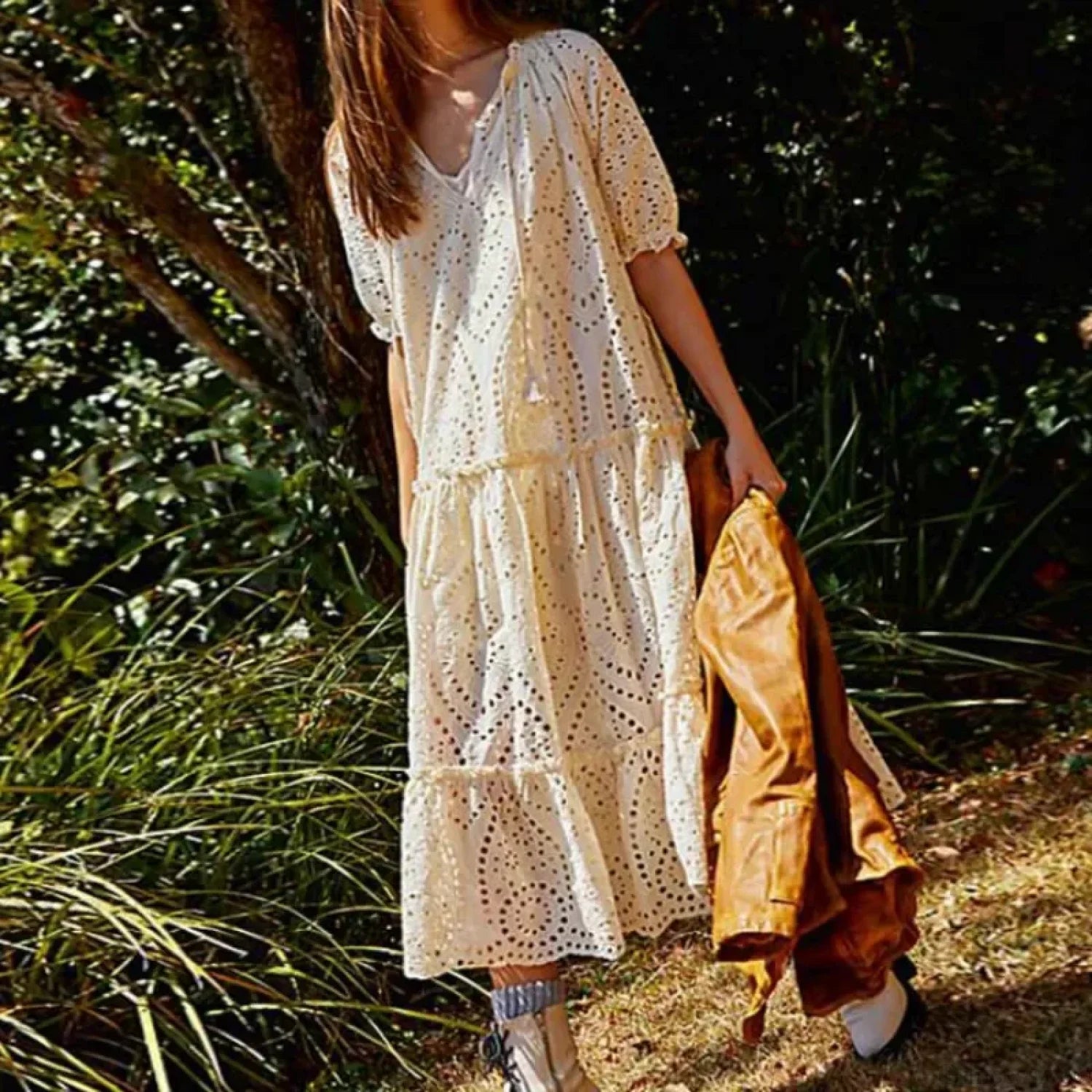 White Cotton Long Lace Dress WHITE / One Size bohodress-250126