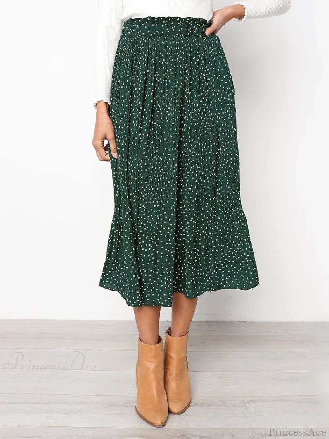 White Dots Floral Print Pleated Midi Skirt with Pockets Green / S skirt-250126