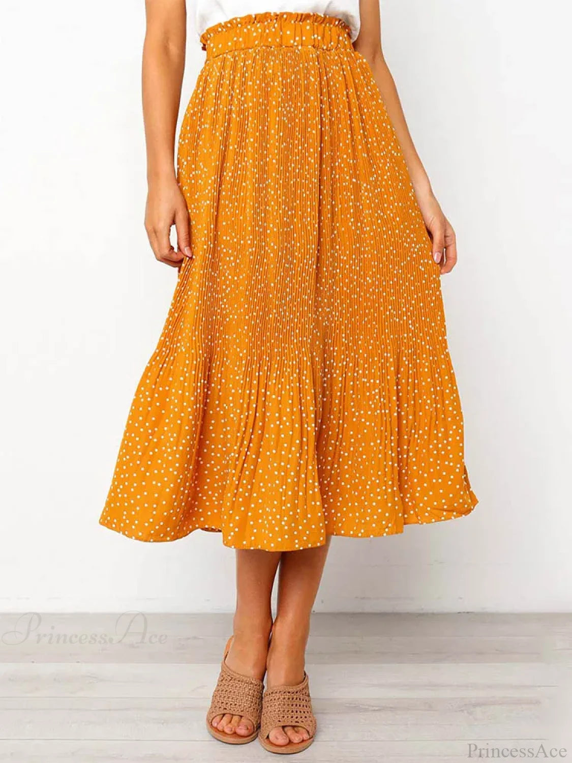 White Dots Floral Print Pleated Midi Skirt with Pockets Yellow / S skirt-250126