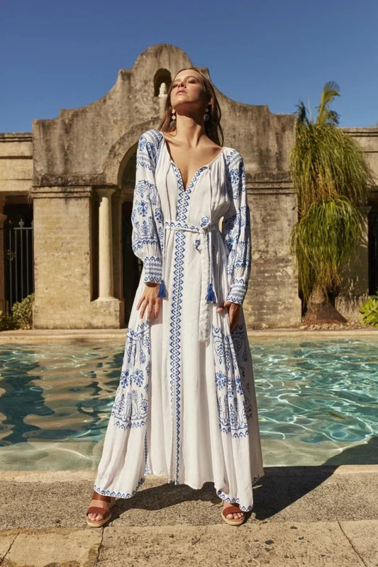 White Embroidered Cotton Maxi Dress WHITE / S bohodress-250126
