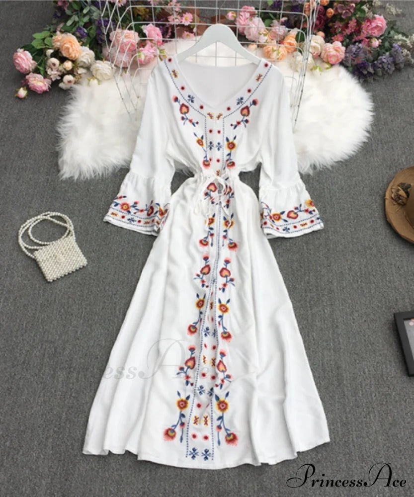 White Embroidered Puff Sleeve Maxi Dress Dresses