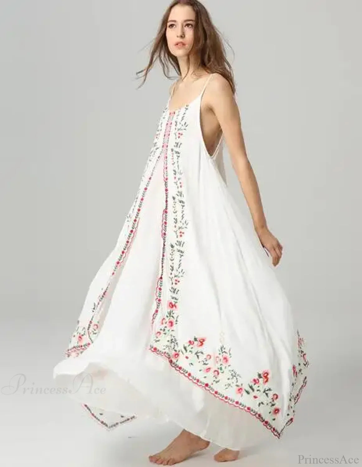 White Floral Embroidered Maxi Dress Beige / S bohodress-250126