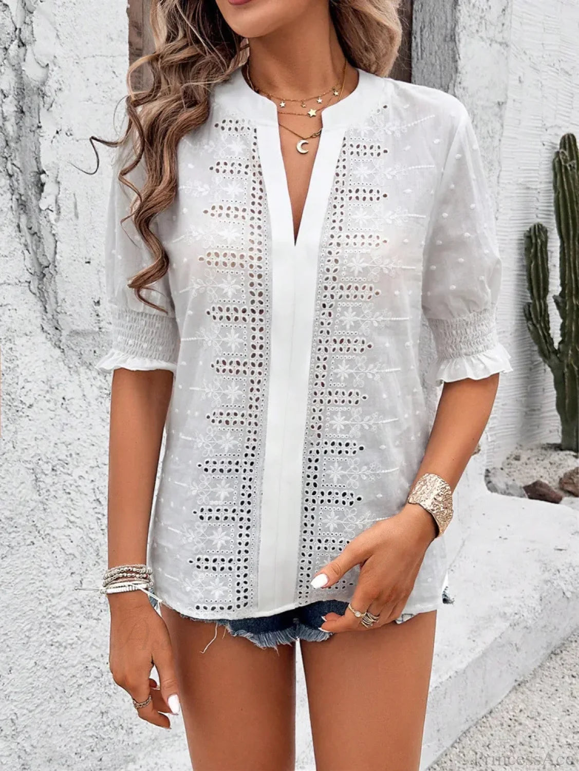 White Floral Embroidery Hollow Out Cotton Boho Blouse bohoblouse-250126