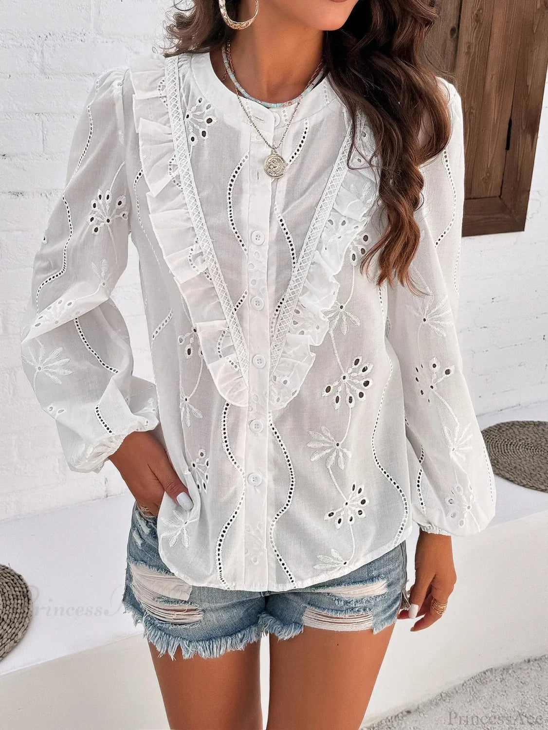 White Floral Embroidery Vintage Long Sleeve Boho Blouse bohoblouse-250126