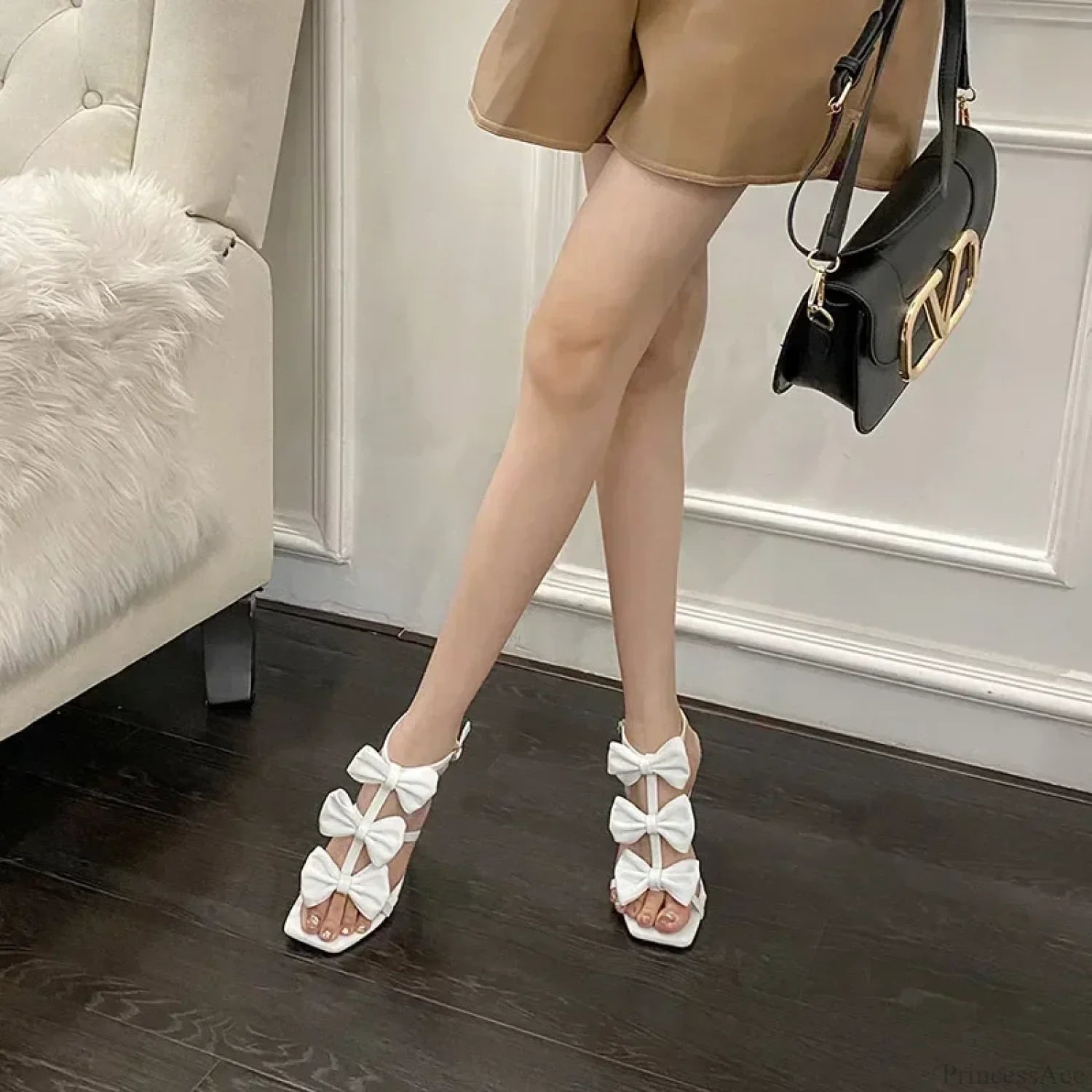 White French Women Sandals Summer Square Head Peep Toe Butterfly Knotbuckle Strap Super High Heels