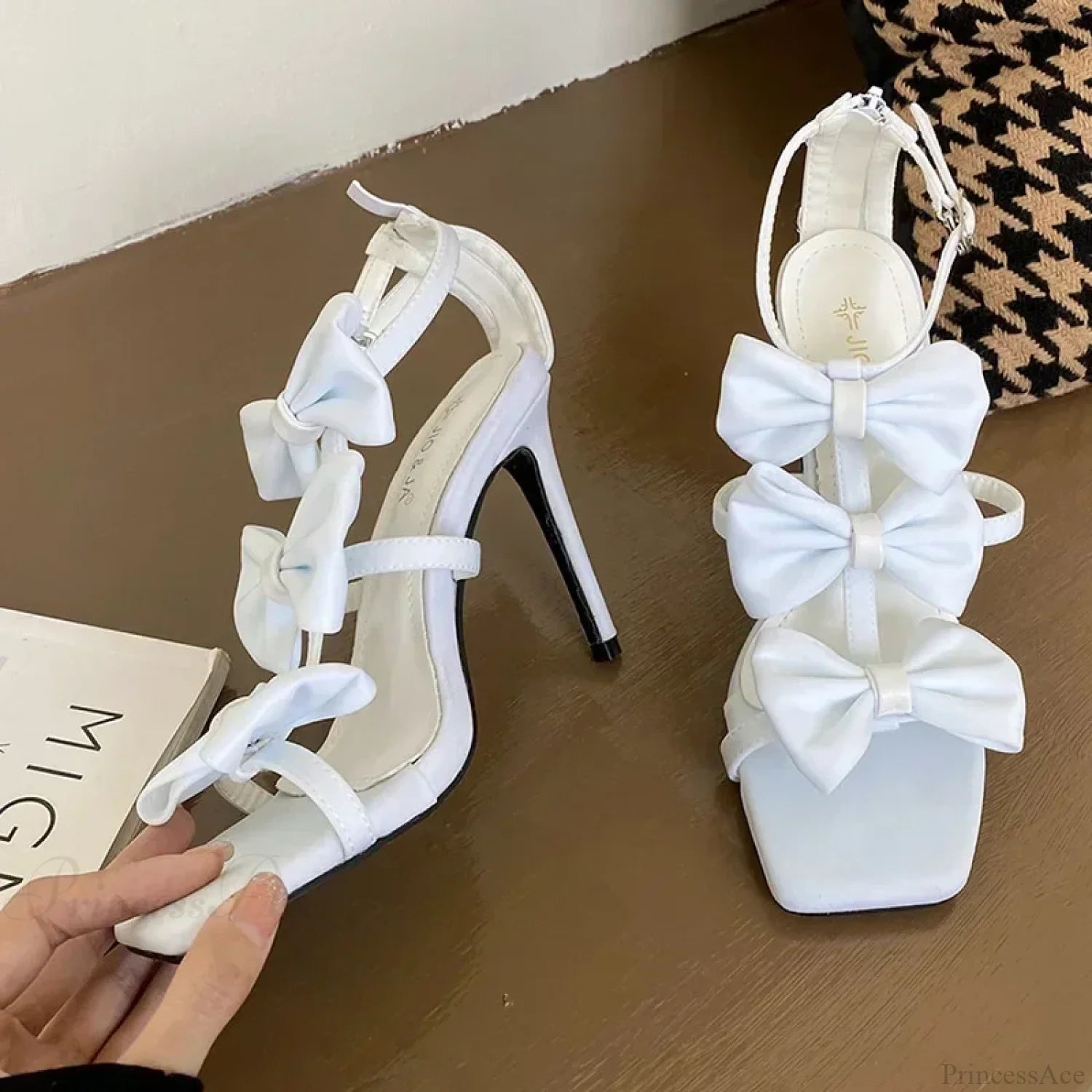 White French Women Sandals Summer Square Head Peep Toe Butterfly Knotbuckle Strap Super High Heels