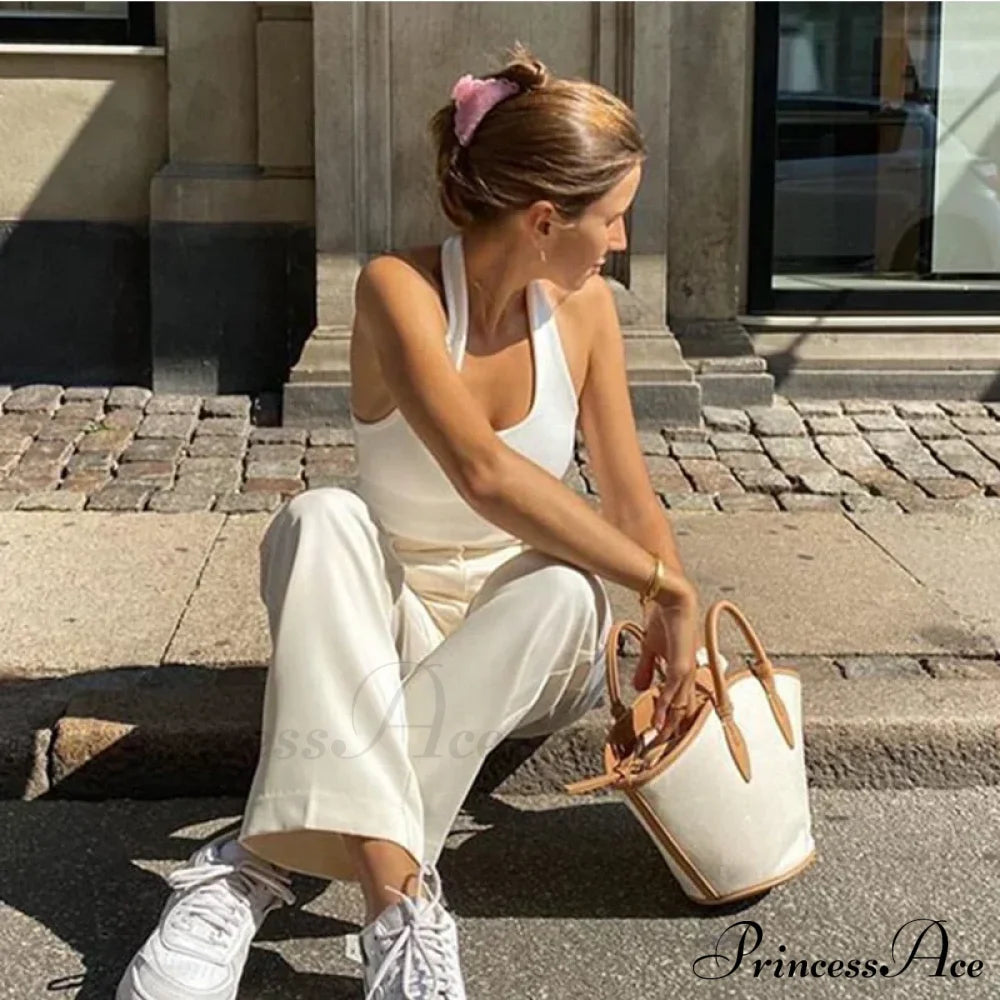 White Halter Backless For Women Streetwear 2024 Sleeveless Ribbed Knit Vest Cropped Feminino Tank