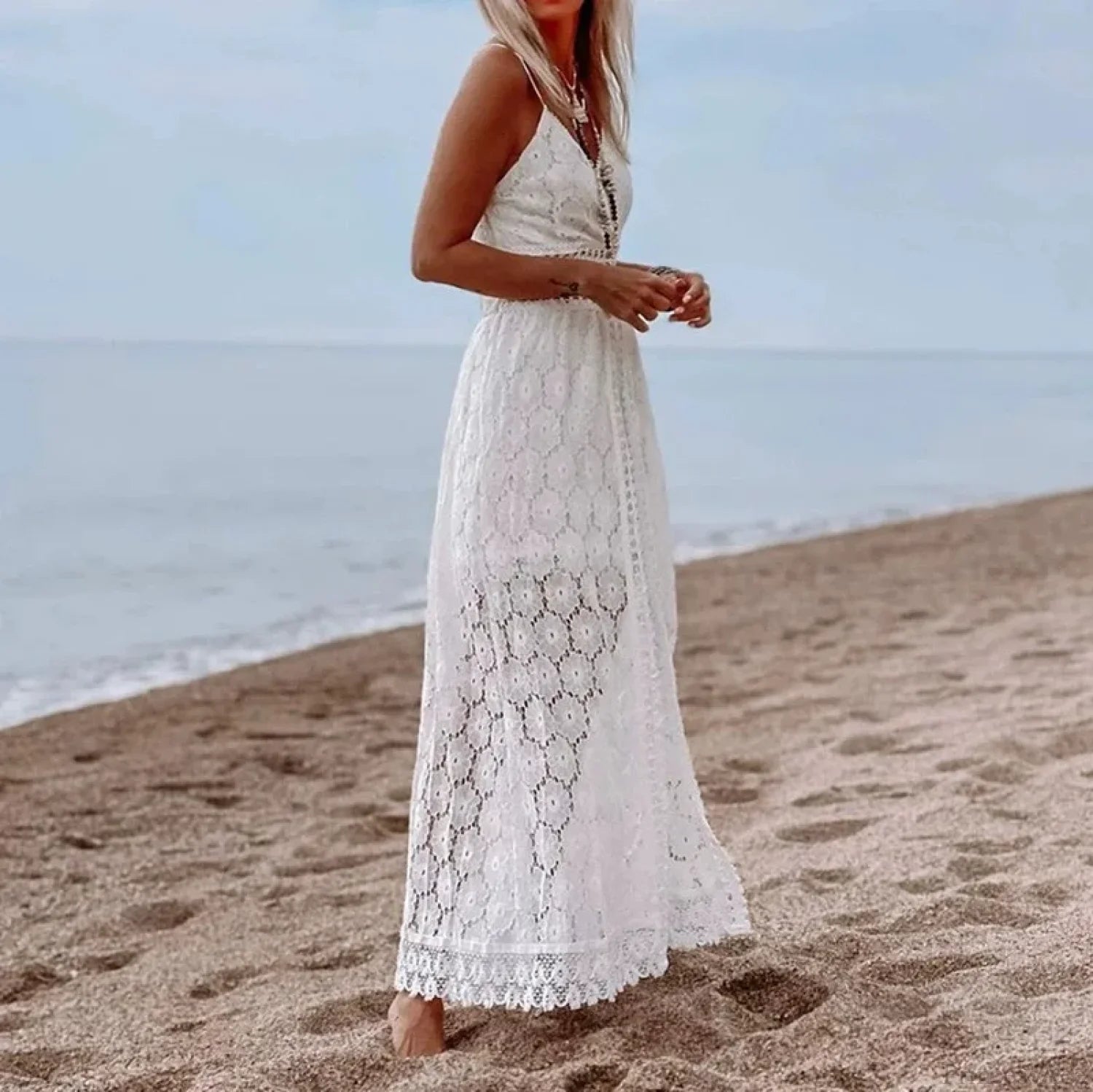 White Hollow Out Lace Strapless Sexy Split Midi Boho Dress bohodress-250126