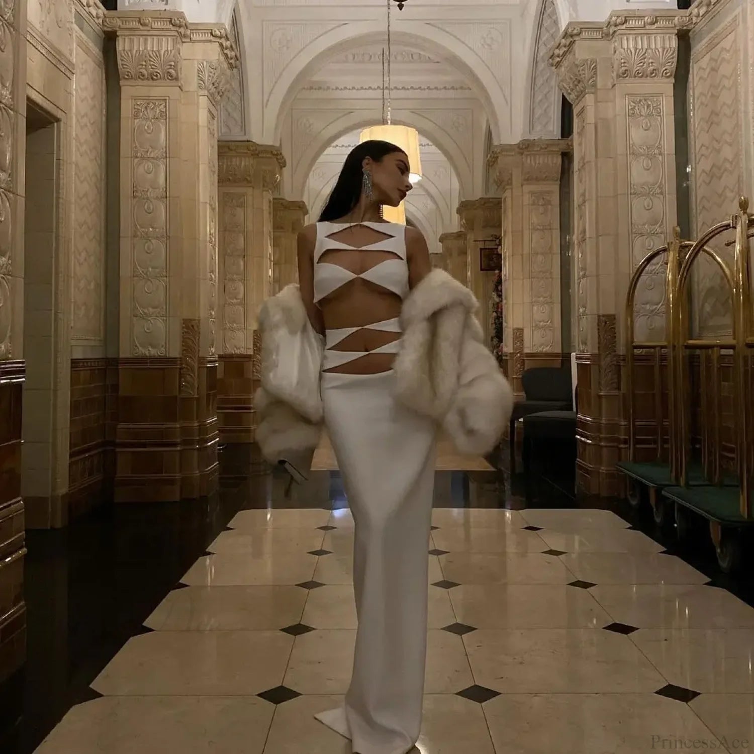 White Hollow Out Sleeveless Party Dress Partydress-241208