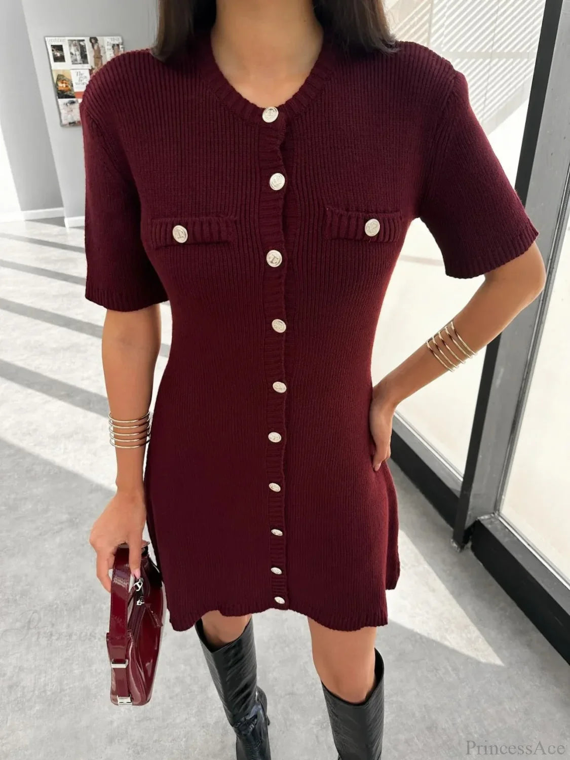 White Knit Pocket Mini Dress Burgundy / S minidress-250223