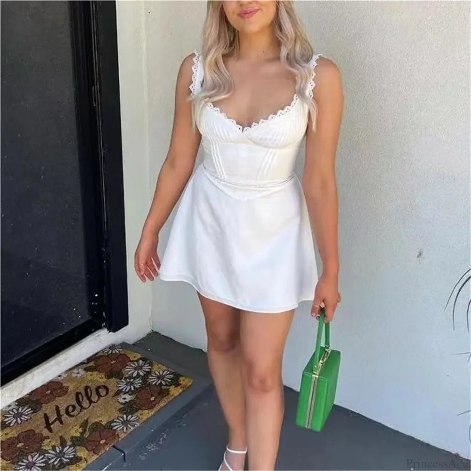 White Knitted Lace Mini Dress minidress-250223