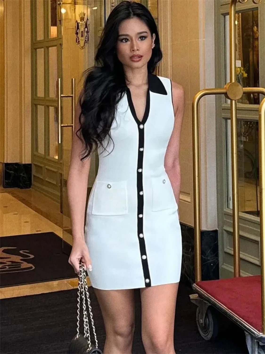 White Knitted Lapel Mini Dress minidress-250223