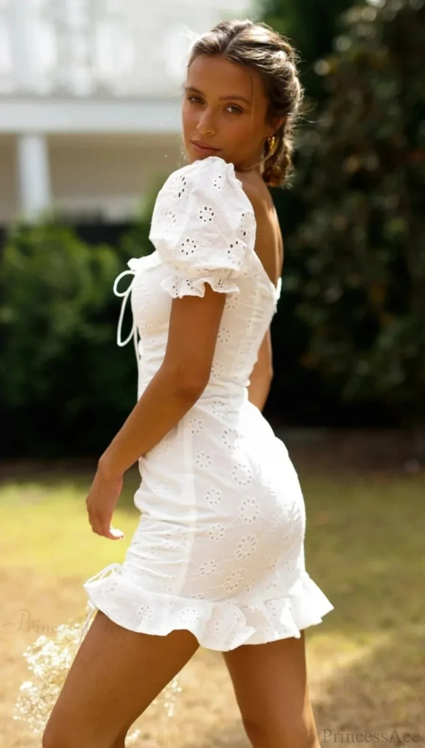 White Lace Cotton Short Sleeve Bodycon Mini Boho Dress bohodress-250126