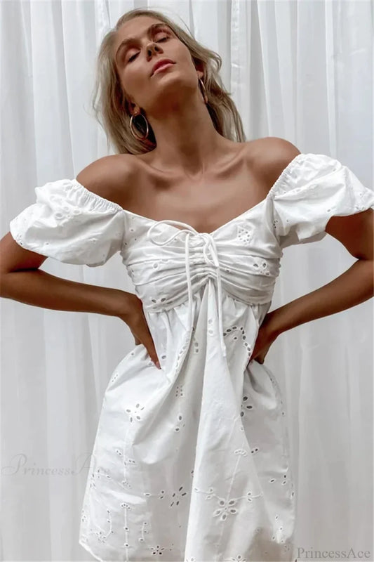 White Lace Embroidery V-neck Cotton Wrist Mini Boho Dress bohodress-250126