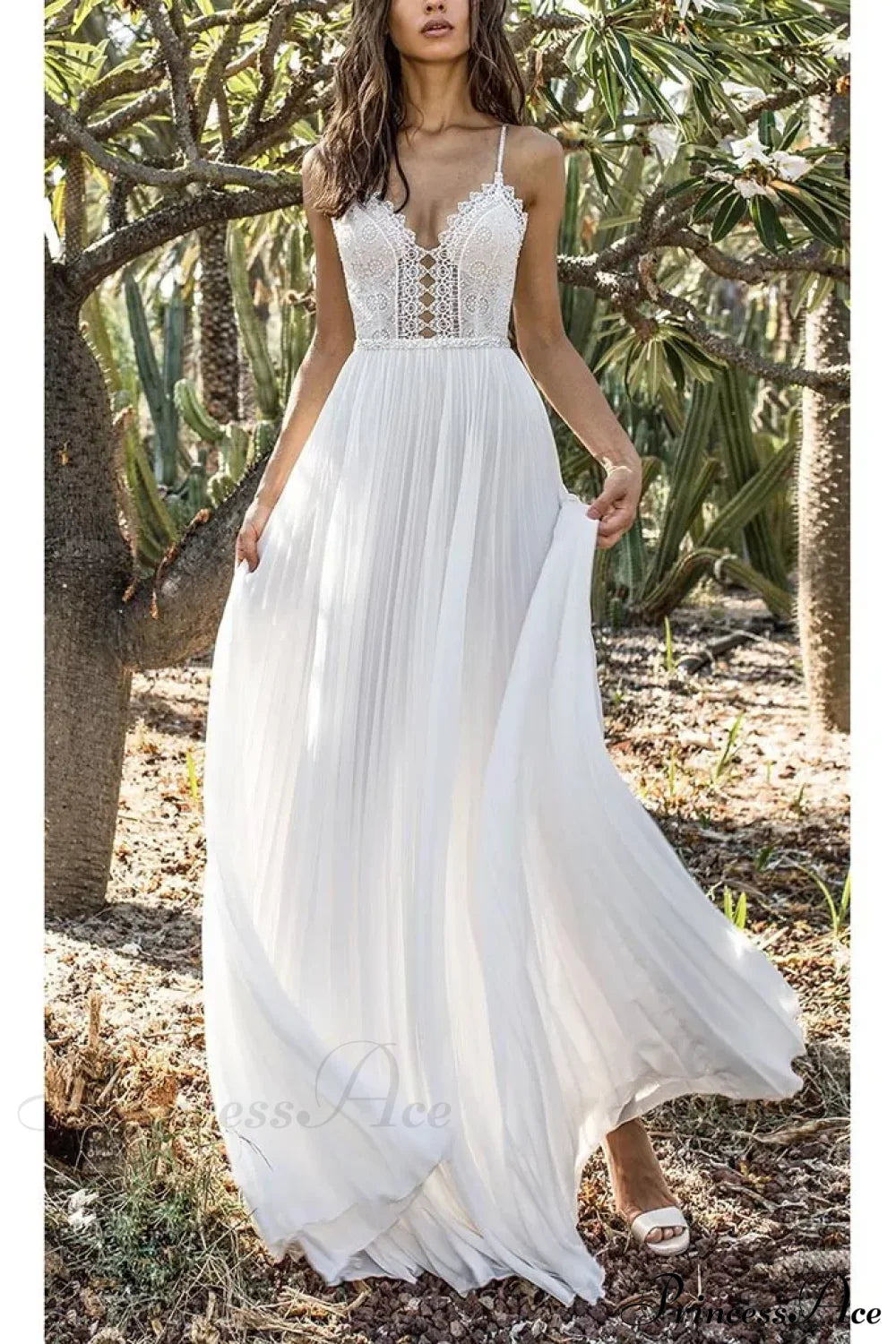 White Lace Maxi V-Neck Slim Sleeveless Boho Dress / M