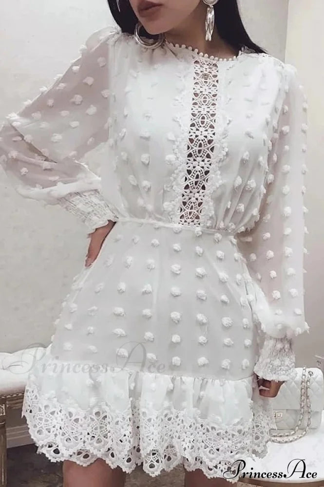 White Lace Short Dress With Long Puff Sleeves For Women Dresses