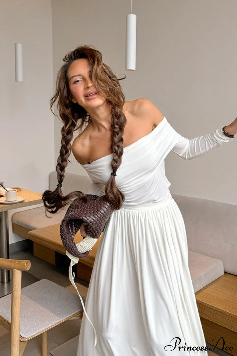 White Long Sleeve Off Shoulder Strapless Maxi Dress
