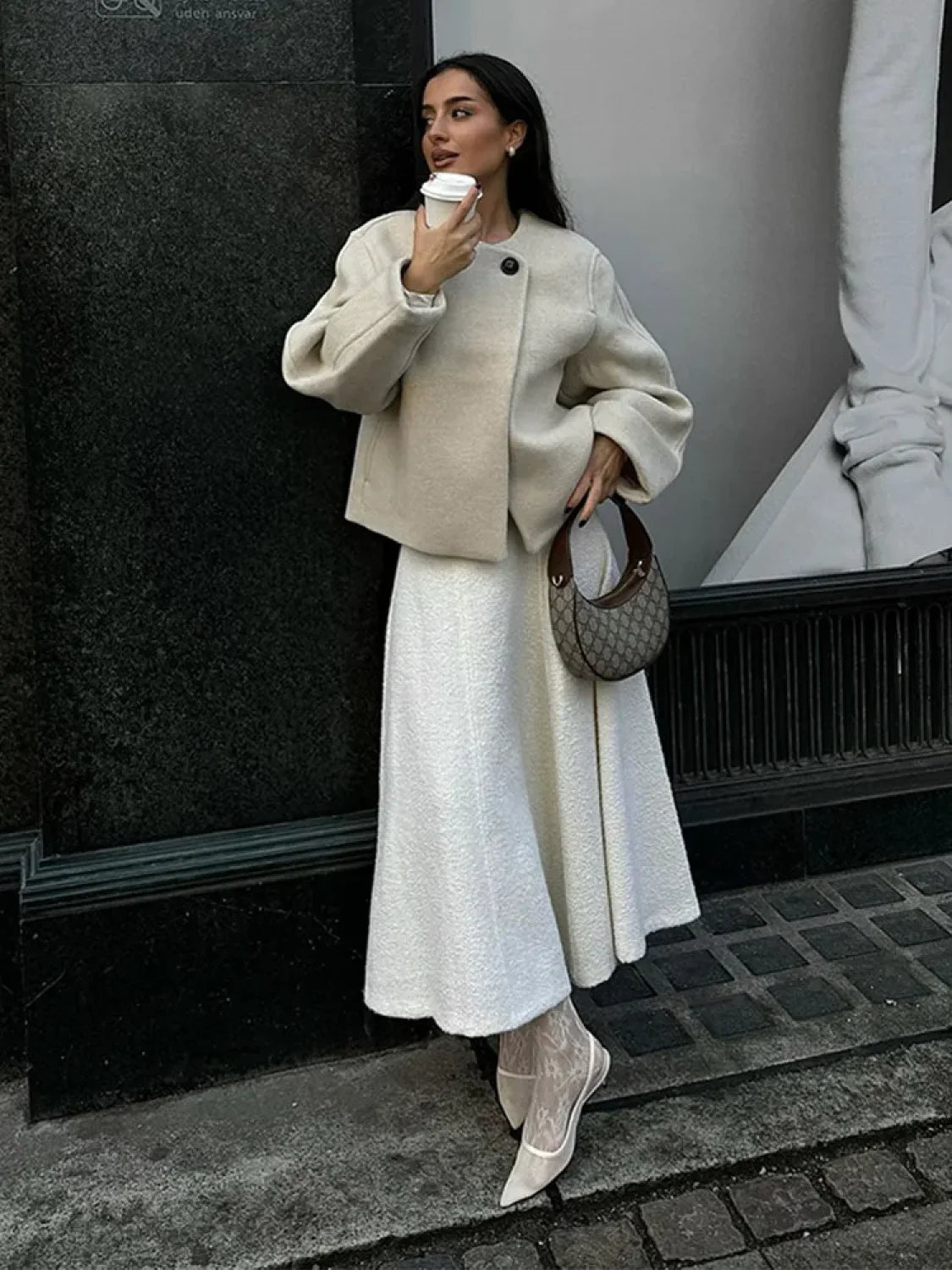 White Long Sleeve Woolen Coat