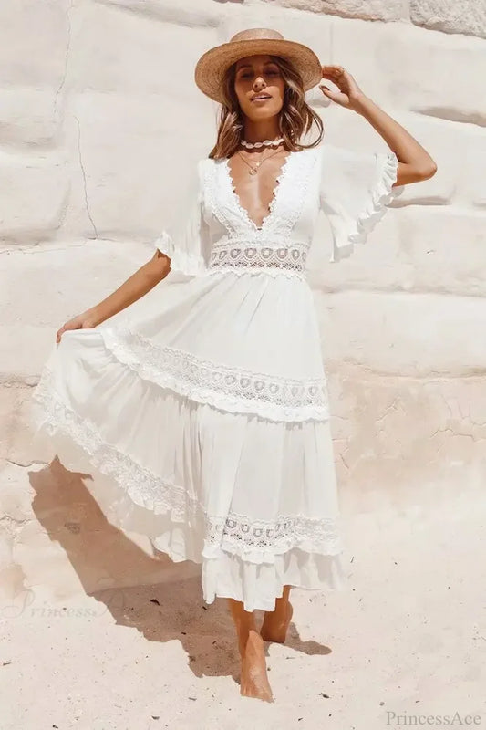 White Maxi Dress Hollow Waist Deep V-neck Dress White / S bohodress-250126