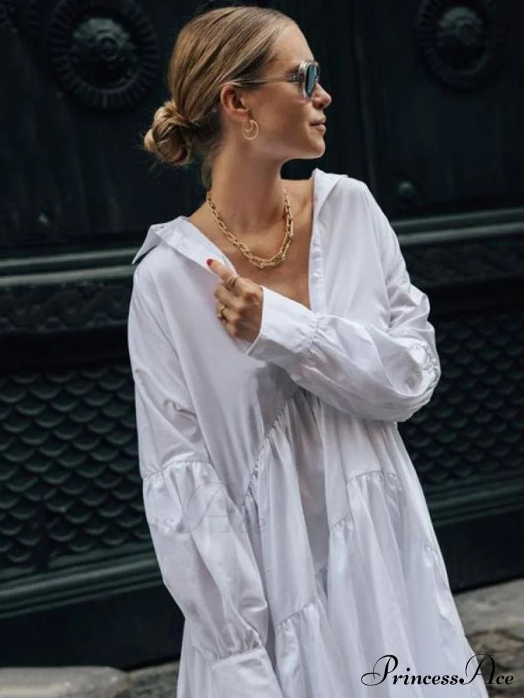 White Maxi Shirt Dress With Asymmetric Split-Joint Lapel Collar Dresses