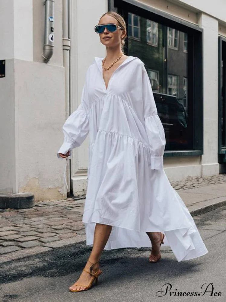 White Maxi Shirt Dress With Asymmetric Split-Joint Lapel Collar Dresses