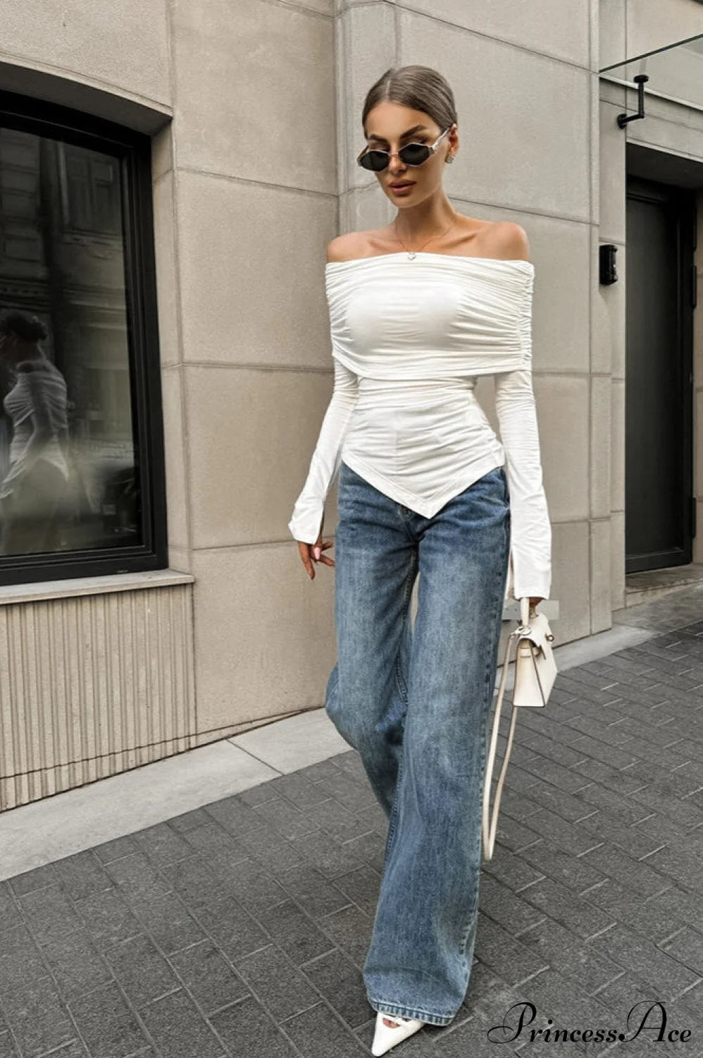 White Off Shoulder Modal Long Sleeve Tee