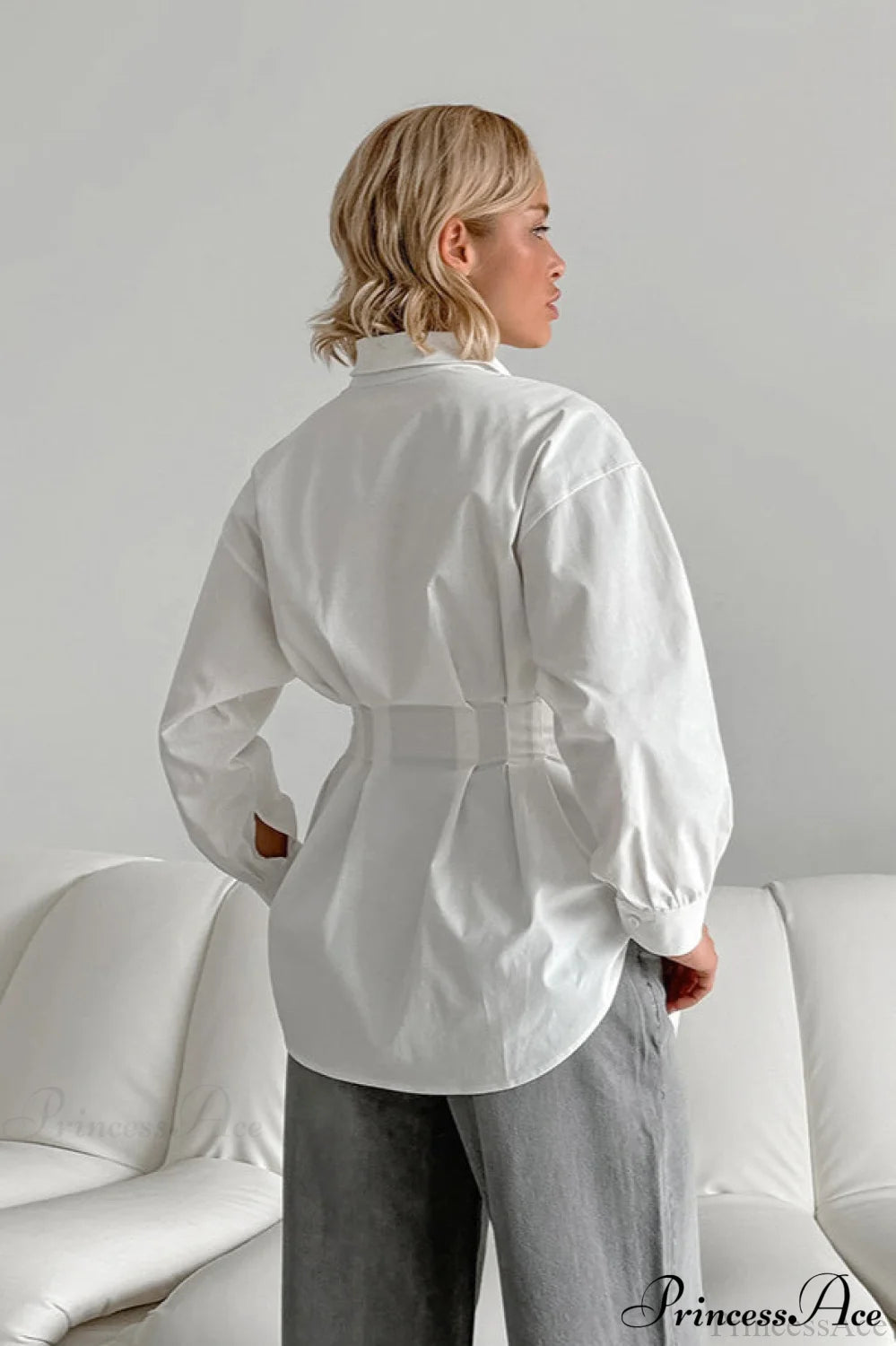 White Pleated Waist Slim Blouse