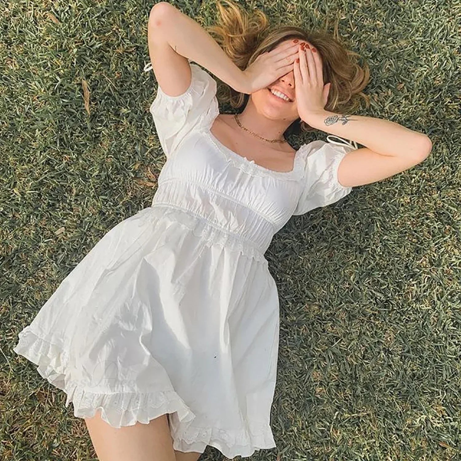 White Puff Sleeve Mini Dress minidress-250223