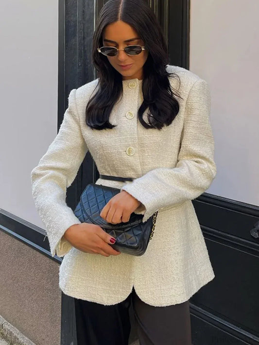 White Round Neck Single Breasted Coat