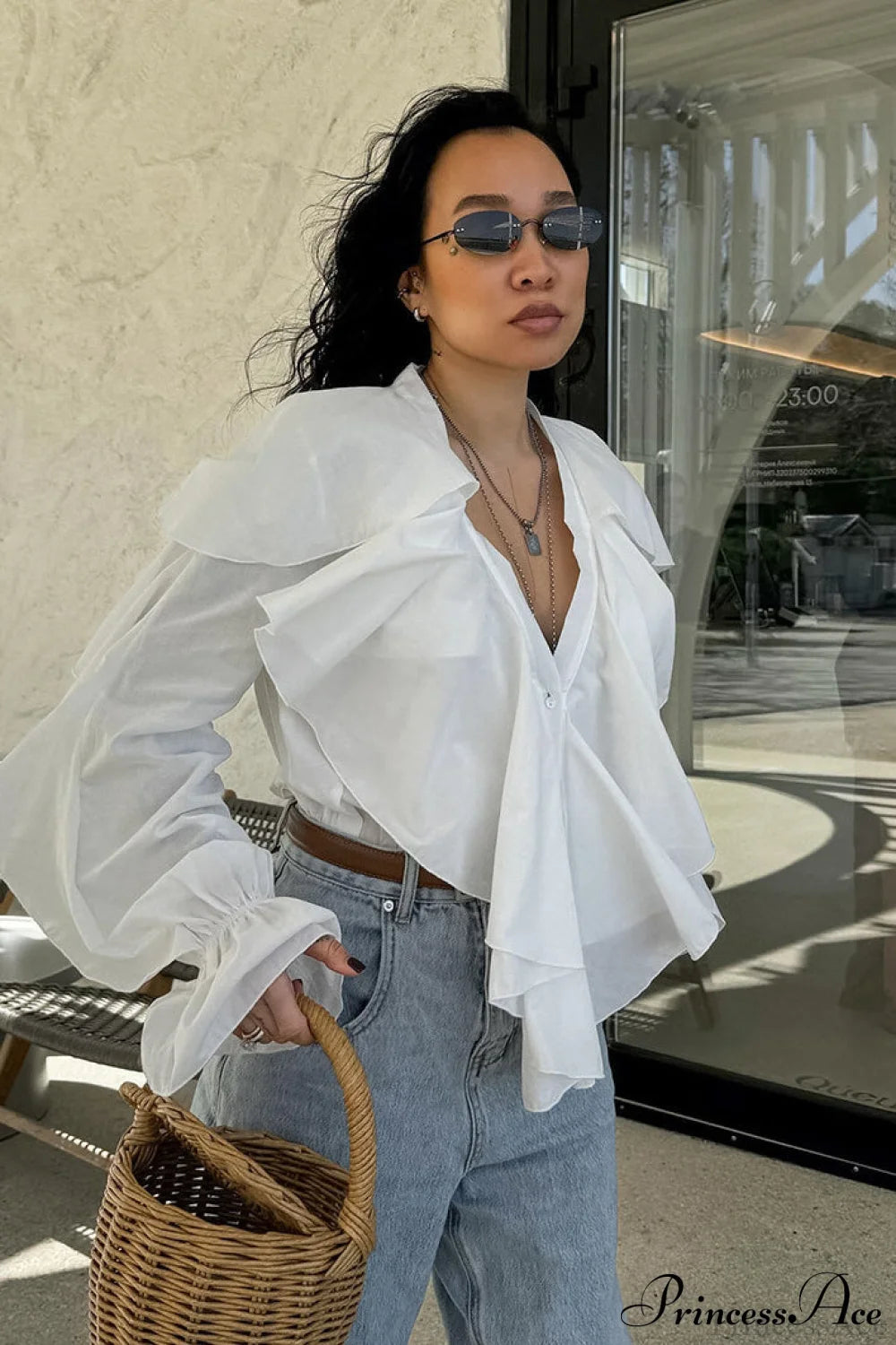 White Ruffled V Neck Flared Sleeve Blouse