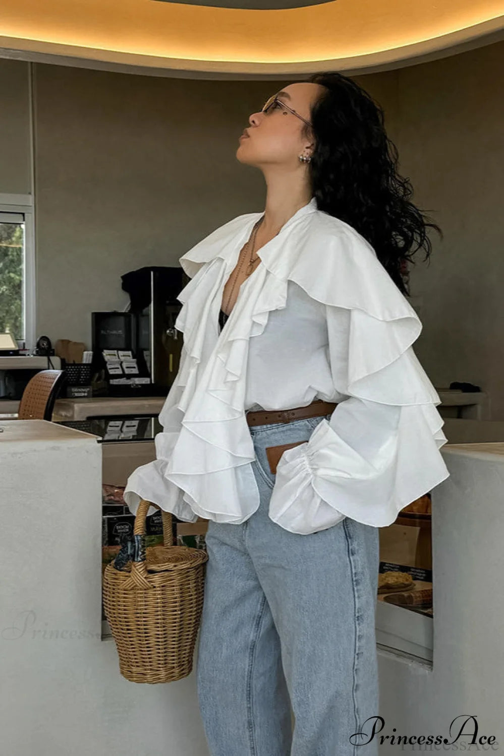 White Ruffled V Neck Flared Sleeve Blouse