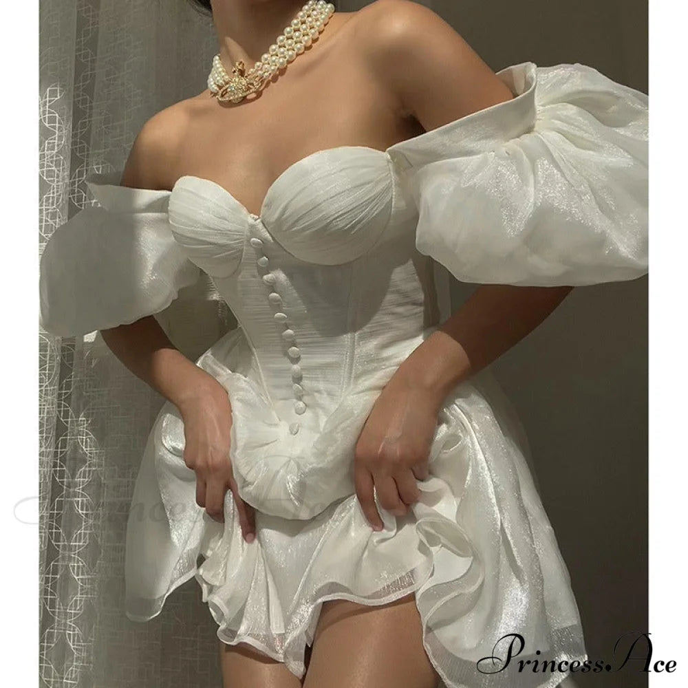 White Summer Dress With Puff Sleeves L / Black Sweet Koren Style Dress