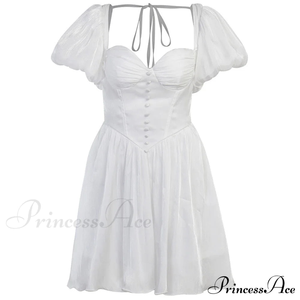 White Summer Dress With Puff Sleeves M / Black Sweet Koren Style Dress
