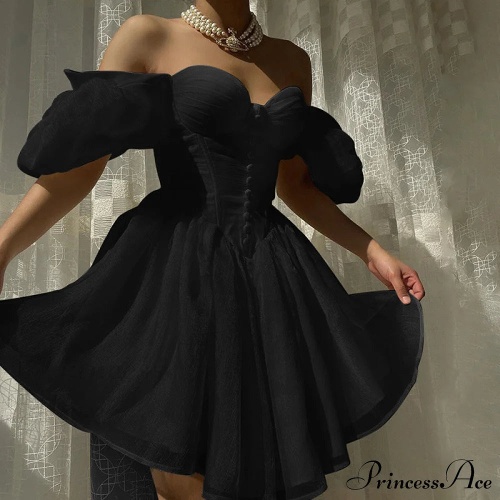 White Summer Dress With Puff Sleeves M / Sweet Koren Style Dress