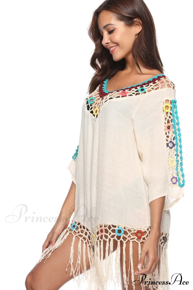 White Tasseled Embroidered Midi Dress Clothing