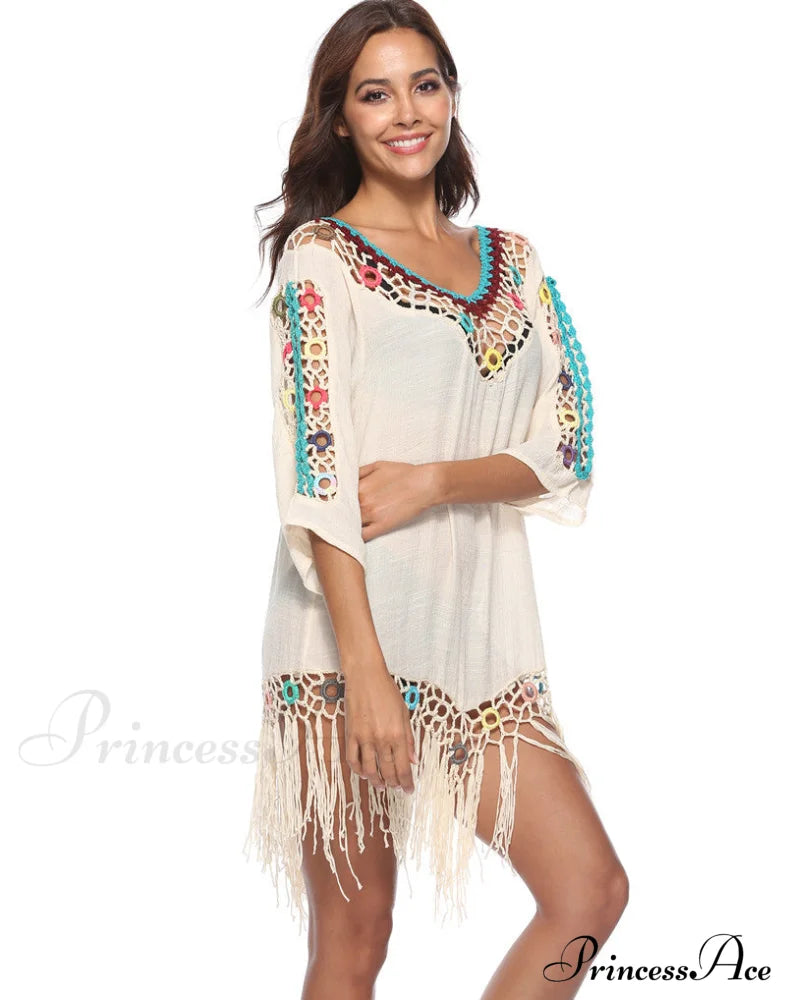 White Tasseled Embroidered Midi Dress Clothing