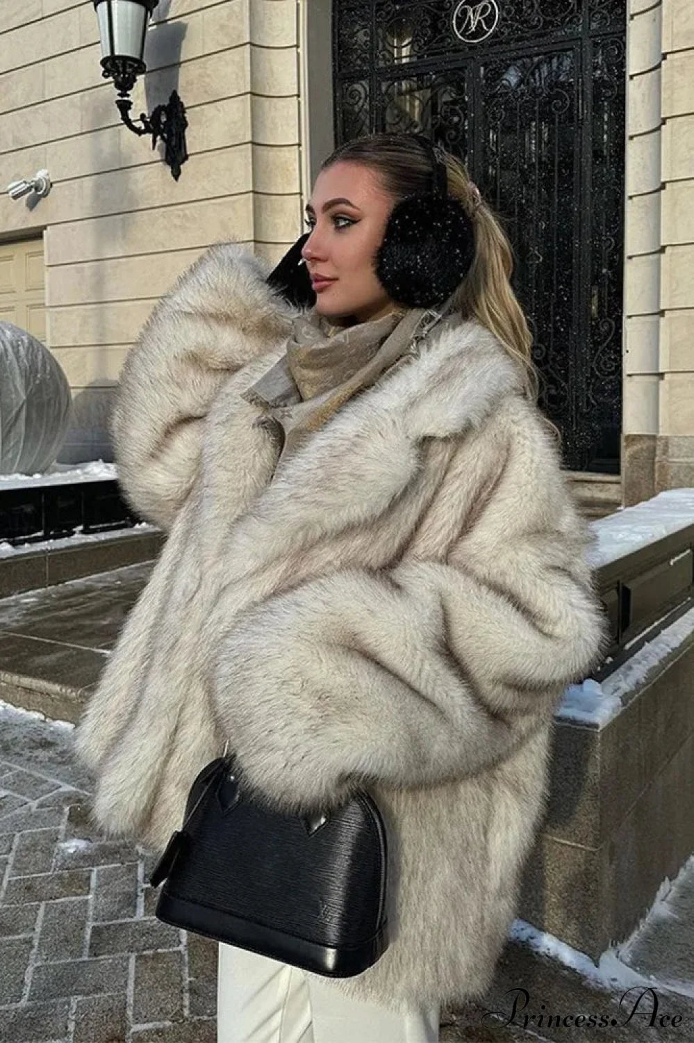 White Tip-Dyed Faux Fox Fur Mid-Length Coat