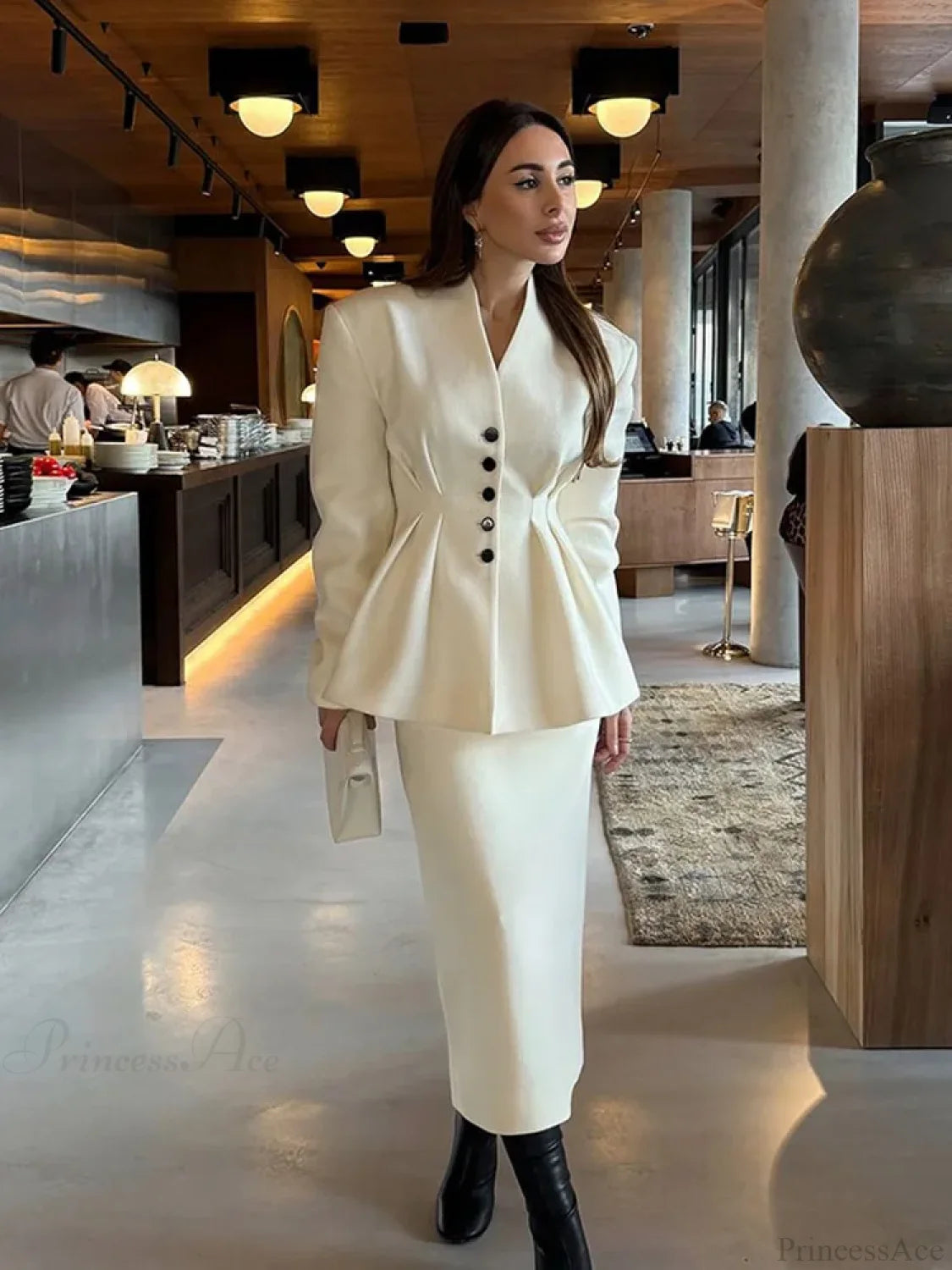 White V-neck Pleated A-line Coat