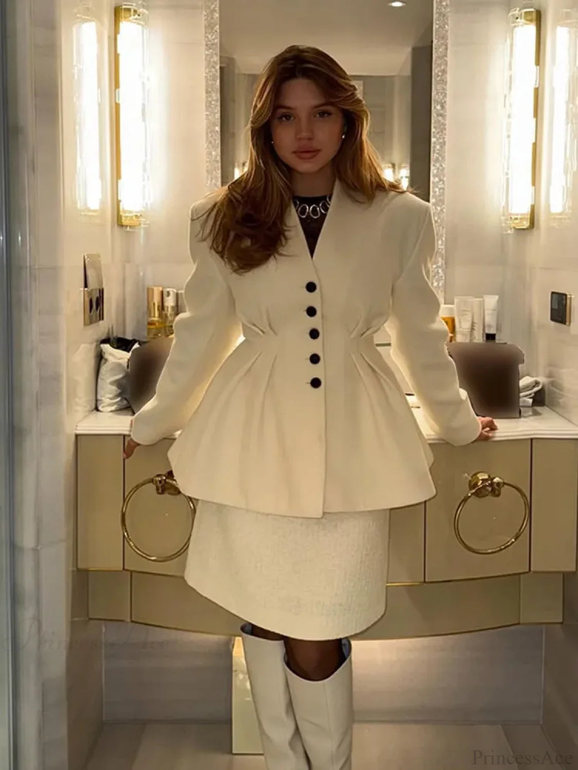 White V-neck Pleated A-line Coat rice white / S