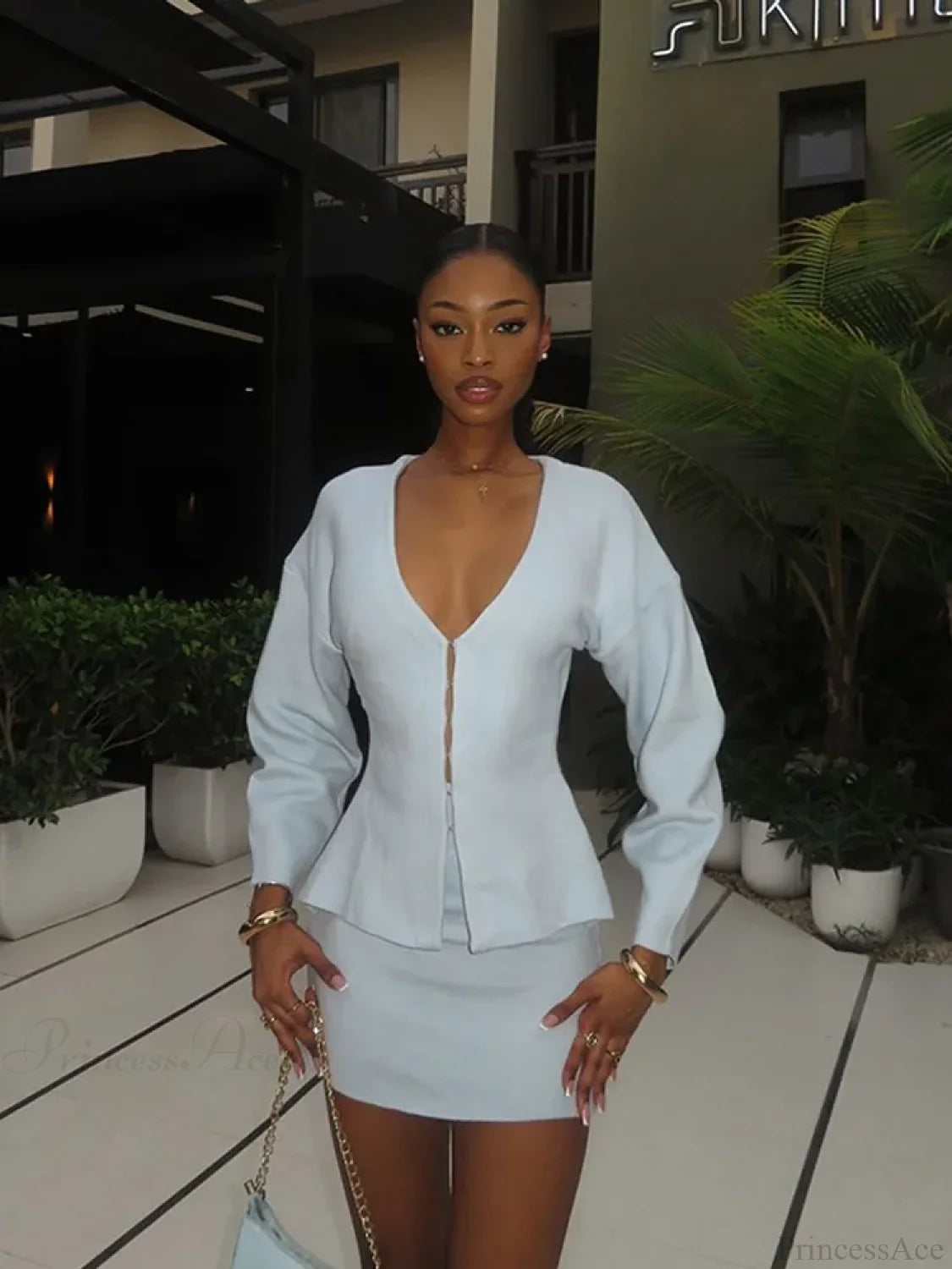 White V-neck Woolen Coat white Suit / S