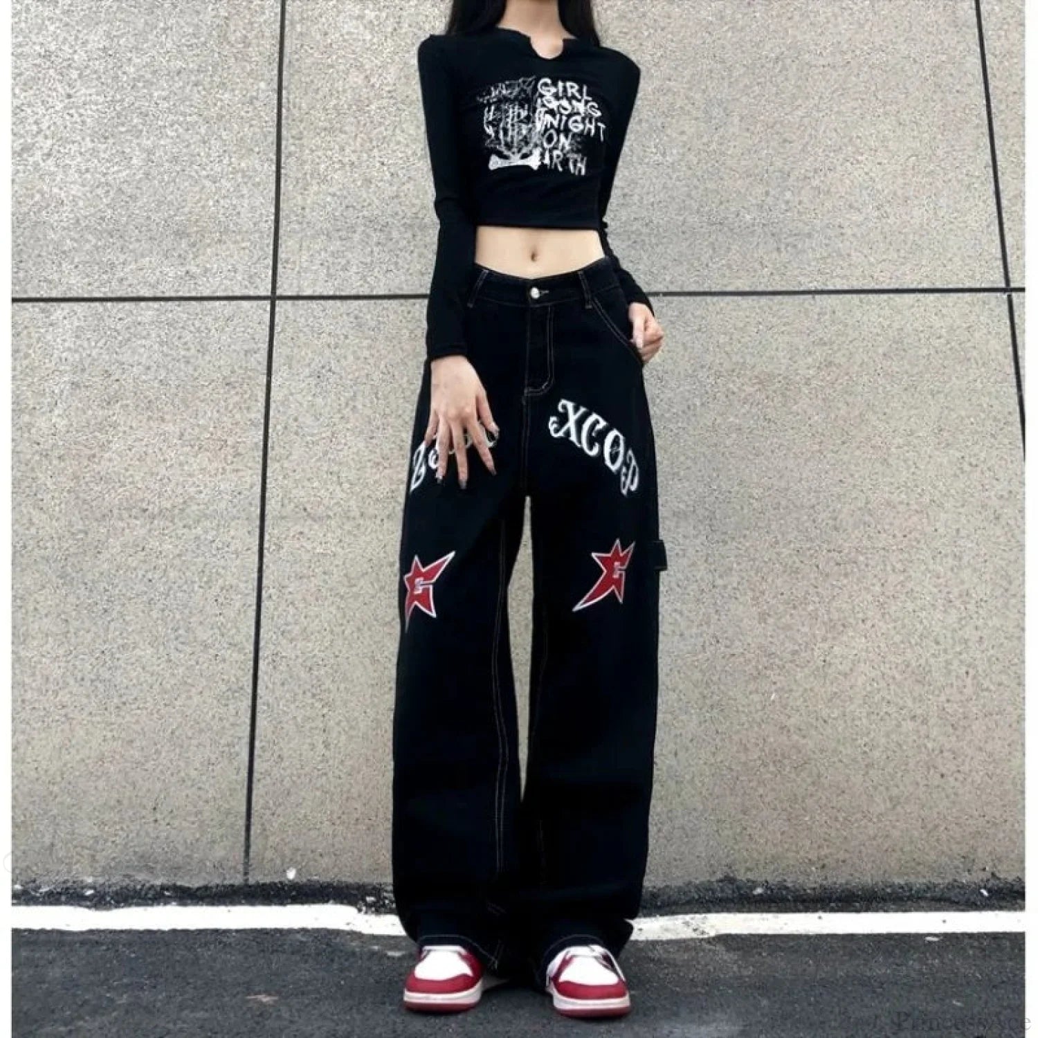 Wide Leg Stars Letter Print Jeans Pants