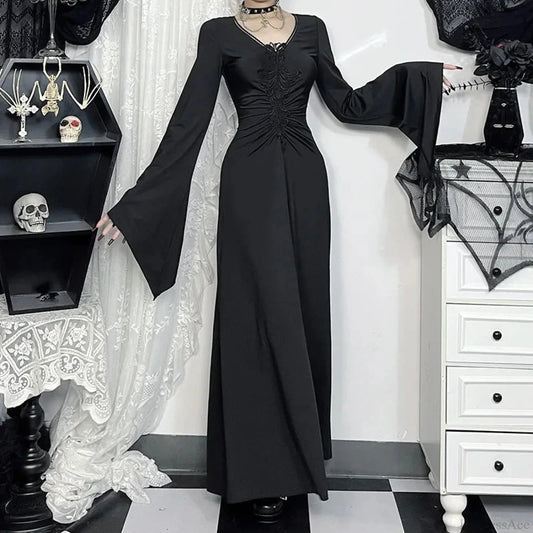 Wide Sleeve Sorceress Plunging Neckline Full-Length Gown