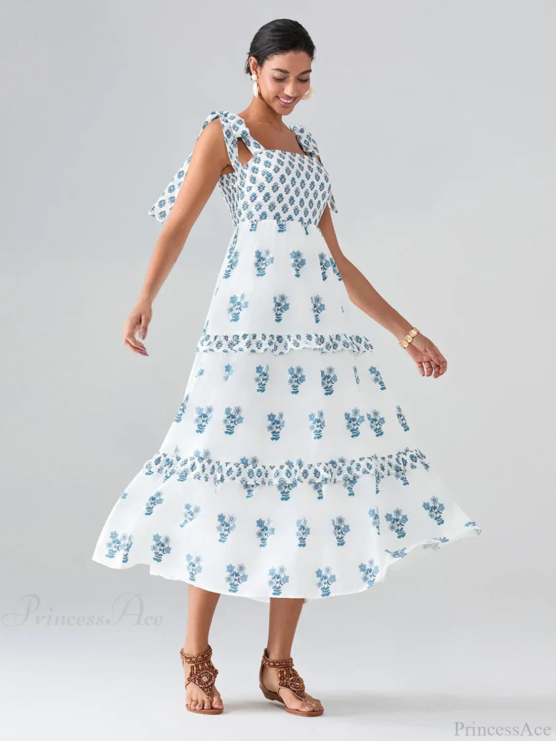 Wide Straps Flowy Floral Bohemian Beach Frill Trim Square Neck A-Line Dress floraldress-250126