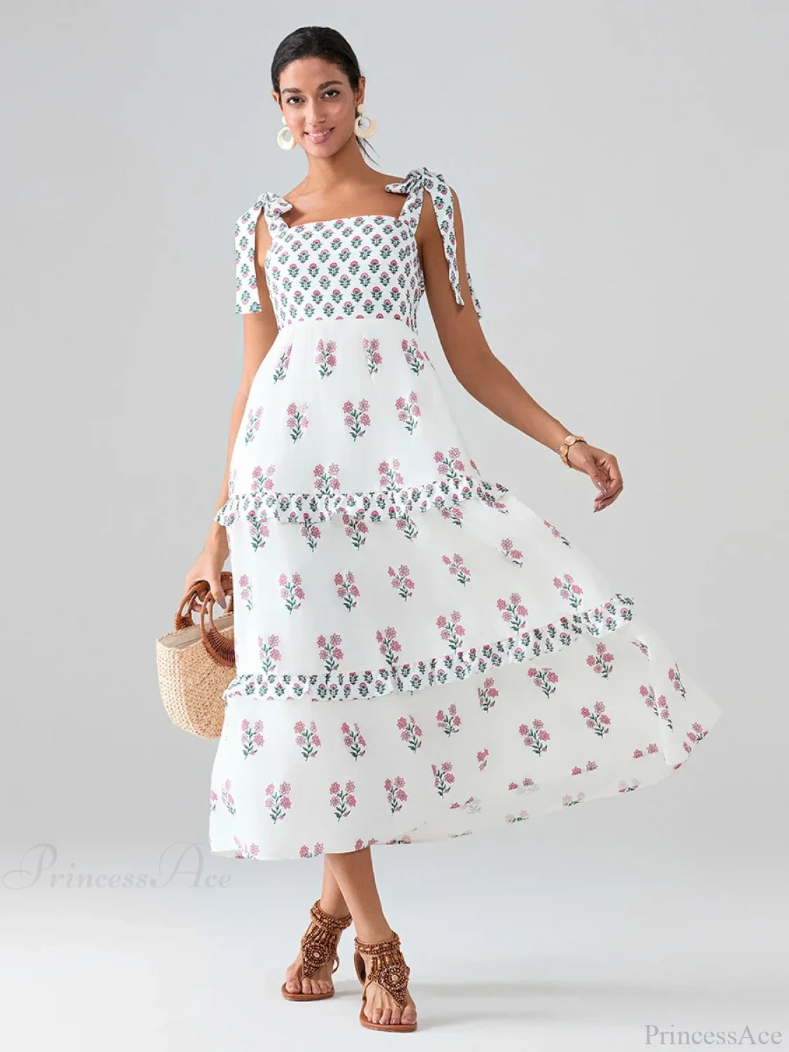 Wide Straps Flowy Floral Bohemian Beach Frill Trim Square Neck A-Line Dress Pink / S floraldress-250126